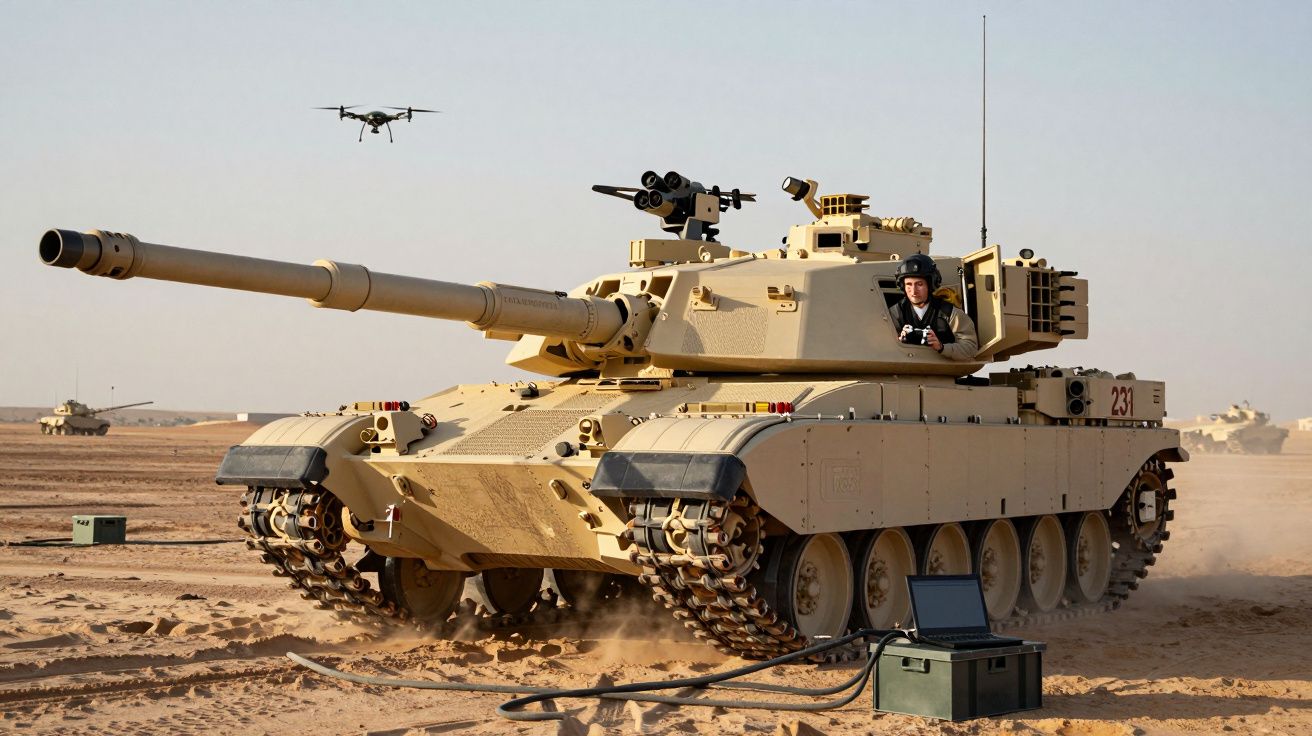 Tanque militar deserto bege com soldado à vista e drone a voar numa paisagem árida.