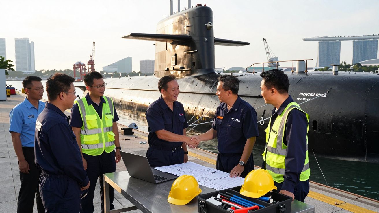 Grupo de trabalhadores junto a submarino, cumprimentando-se num cais com capacetes e ferramentas sobre mesa.