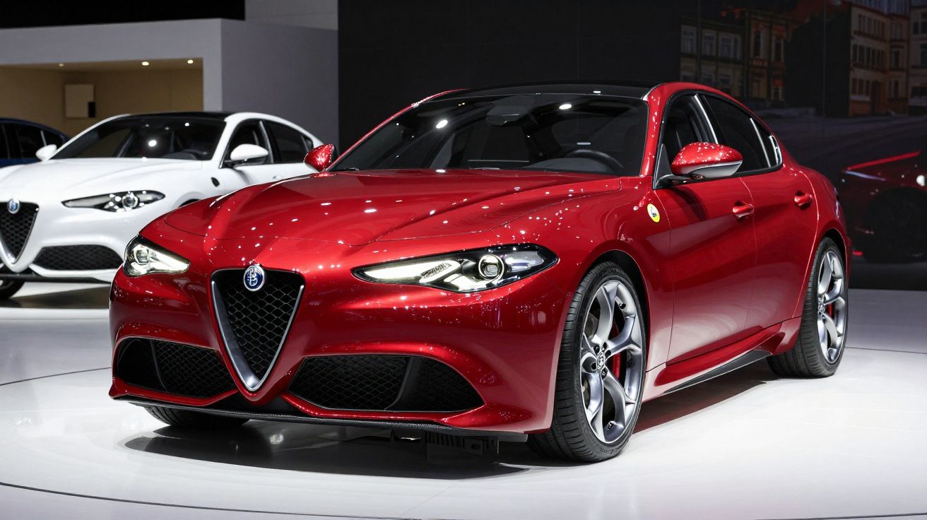 Carro desportivo Alfa Romeo Giulia vermelho exposto em stand moderno com outro carro branco ao fundo.
