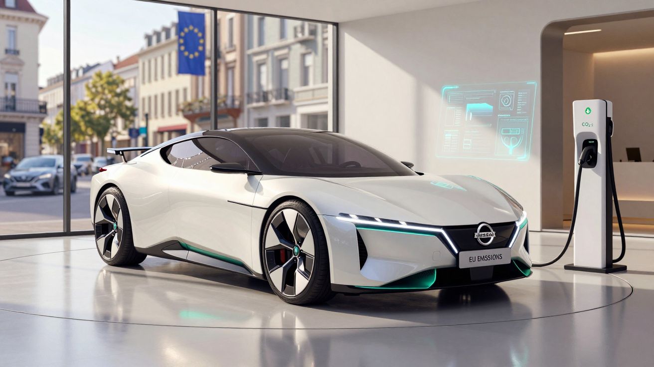 Carro desportivo elétrico branco a carregar numa estação de carregamento num espaço interior moderno.