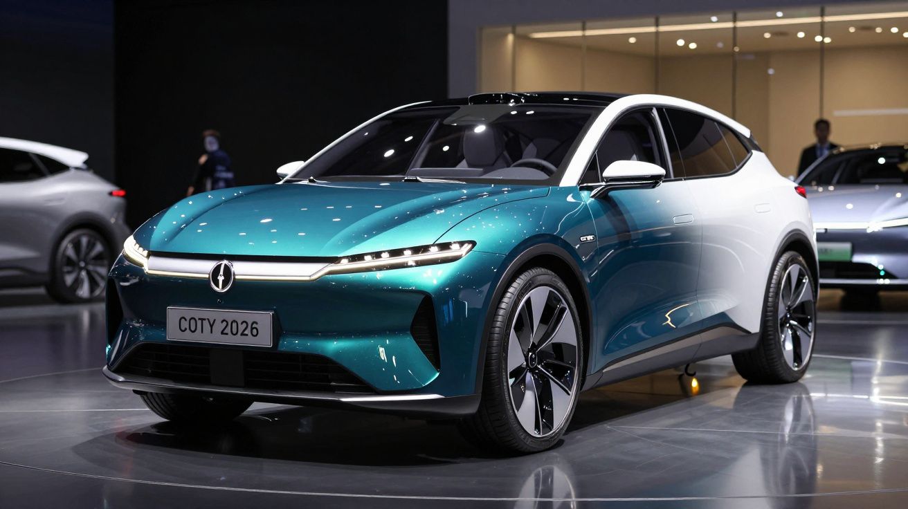 Carro elétrico futurista azul e branco exposto em salão automóvel com iluminação destacando design aerodinâmico.
