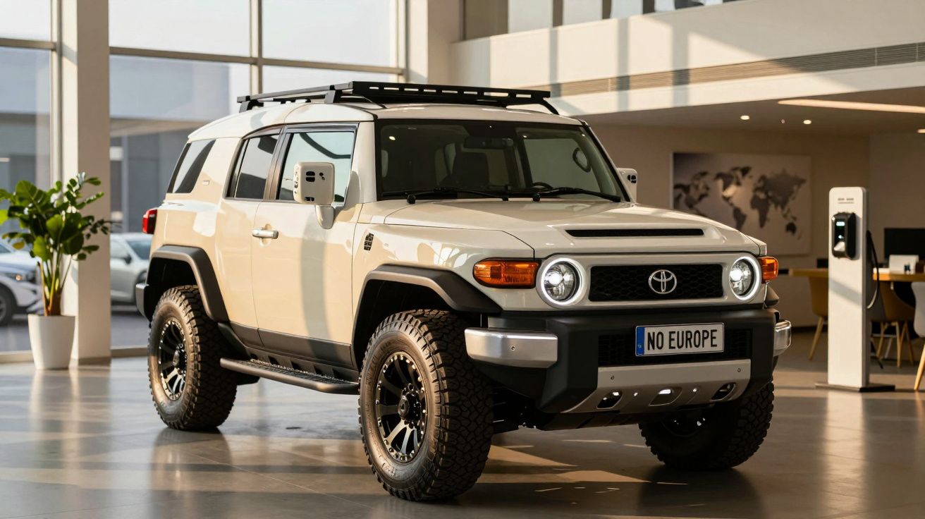 SUV Toyota branco estacionado num espaço interior moderno, com matrícula personalizada "NO EUROPE".