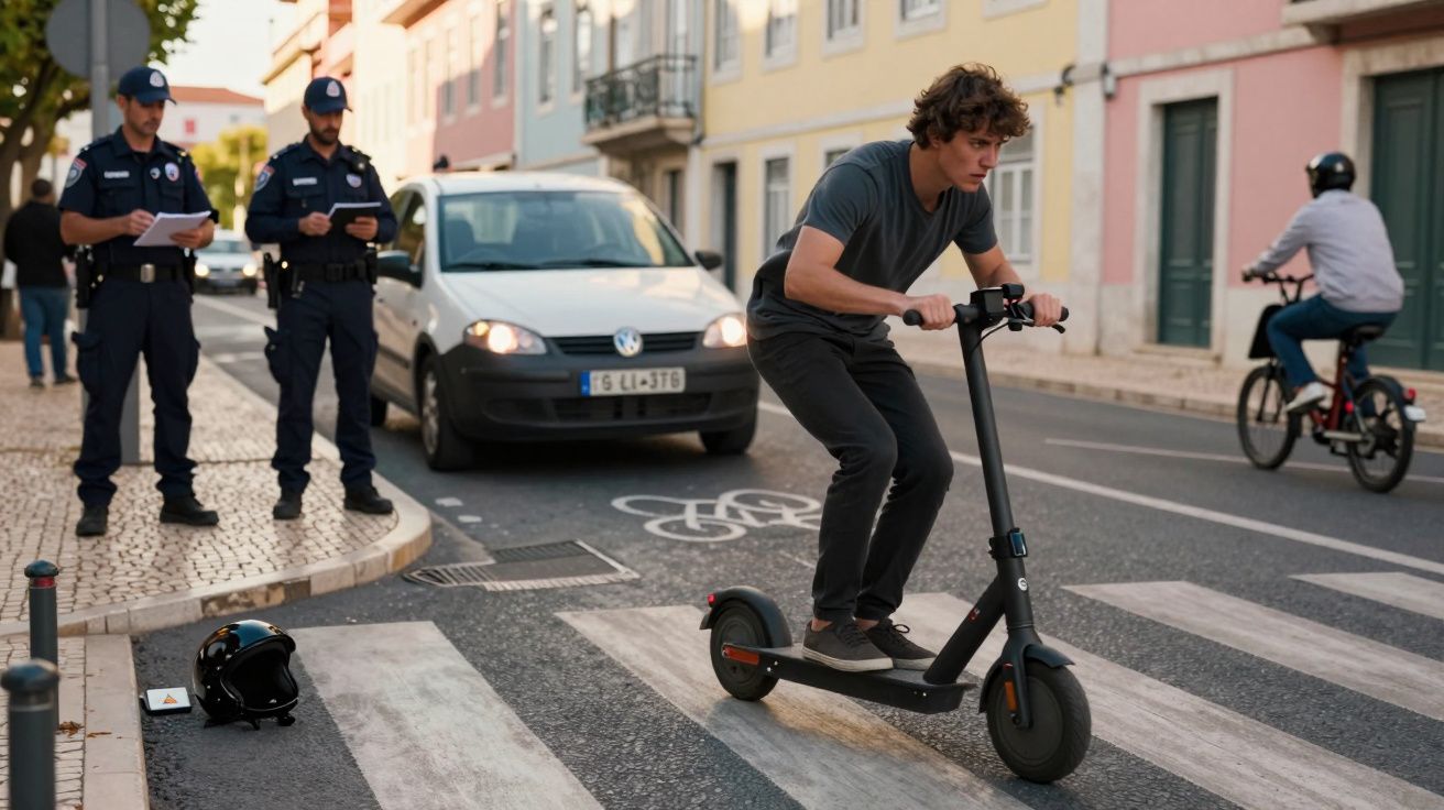 Jovem em trotinete elétrica a atravessar passadeira, polícia a preencher documentos e bicicleta ao fundo numa rua urbana.