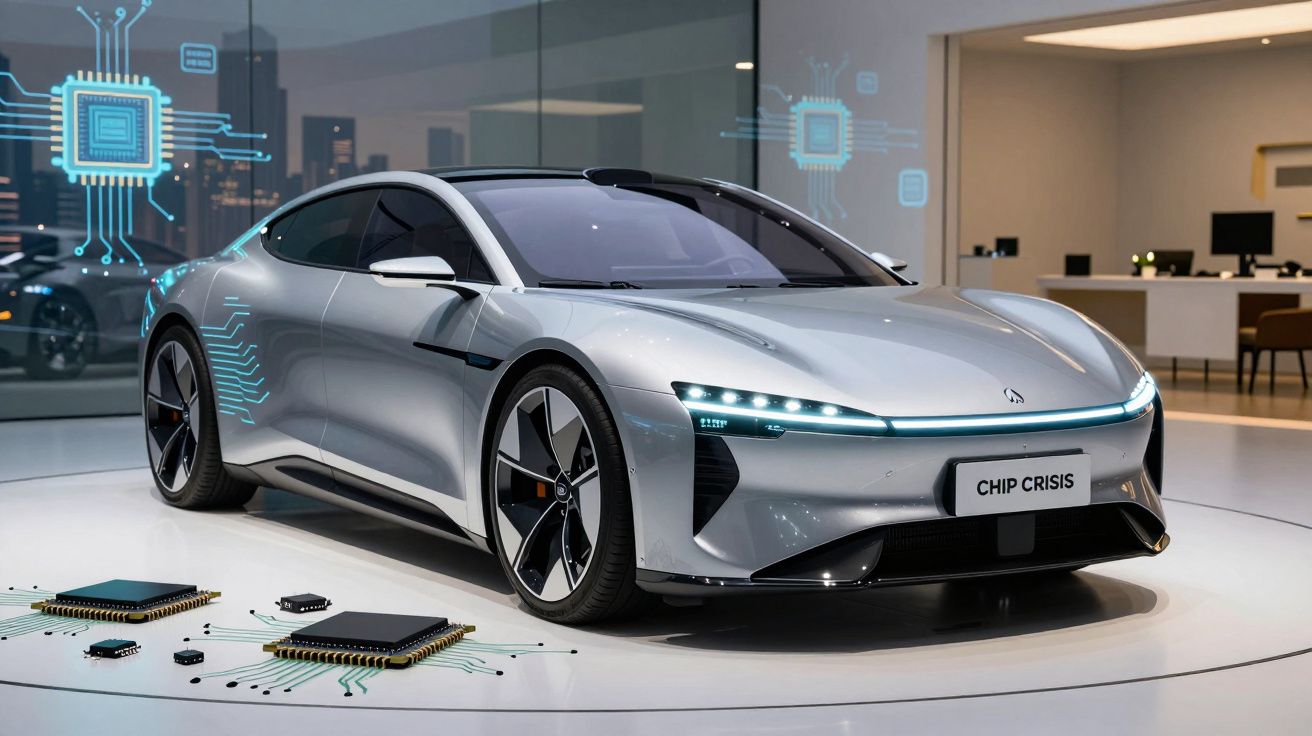 Carro elétrico futurista cinzento prateado numa exposição, com ícones de microchips digitais ao redor.