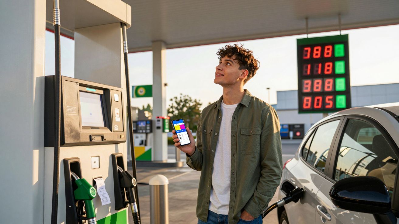 Jovem a abastecer carro numa bomba de combustível com telemóvel na mão numa estação de serviço ao entardecer.