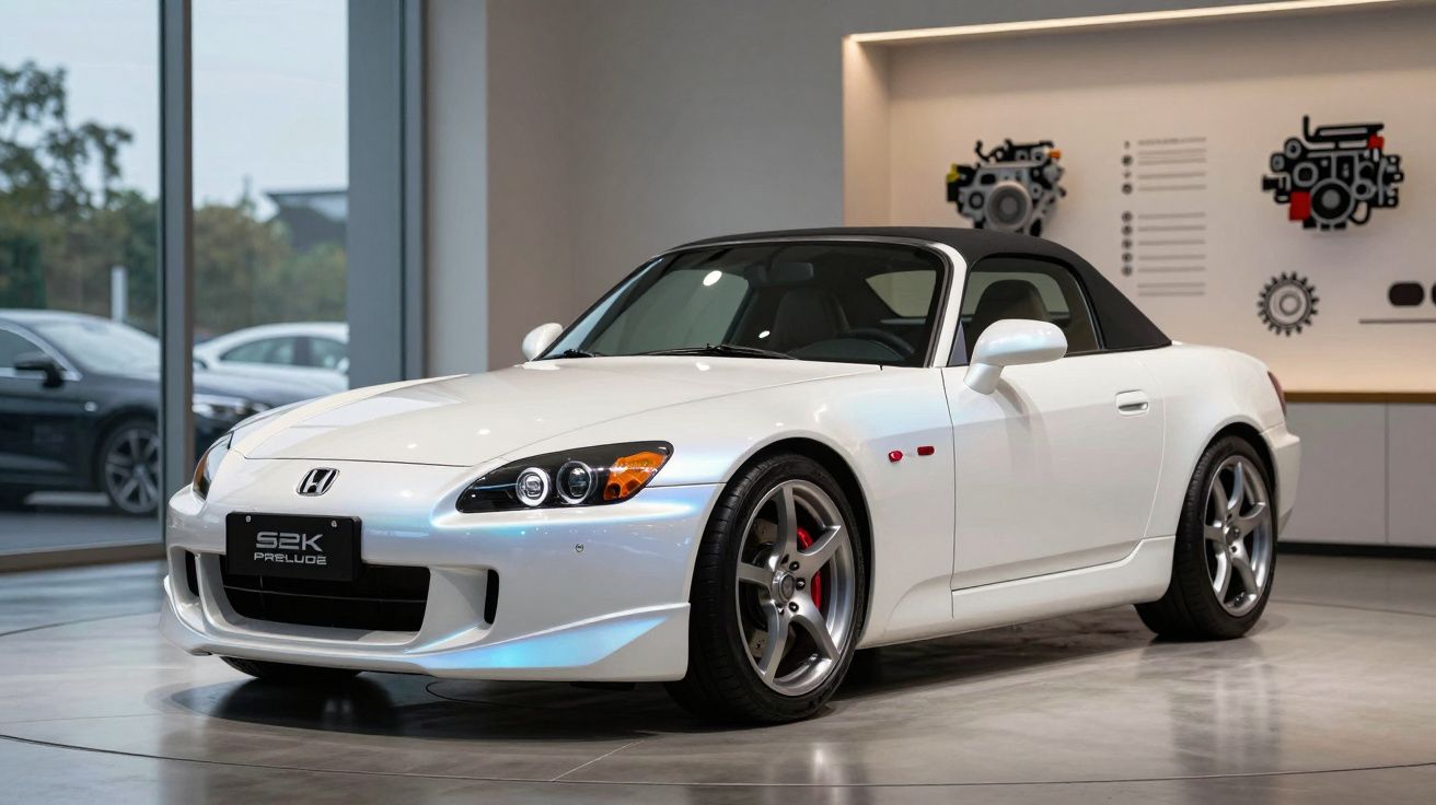 Honda S2000 branco com capota preta exposto em interior moderno e iluminado.