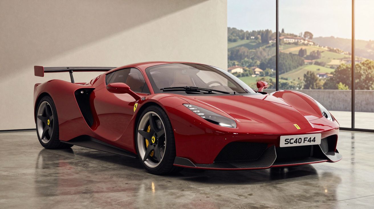 Carro desportivo vermelho Ferrari estacionado em piso de cimento junto a janela com vista para colinas.