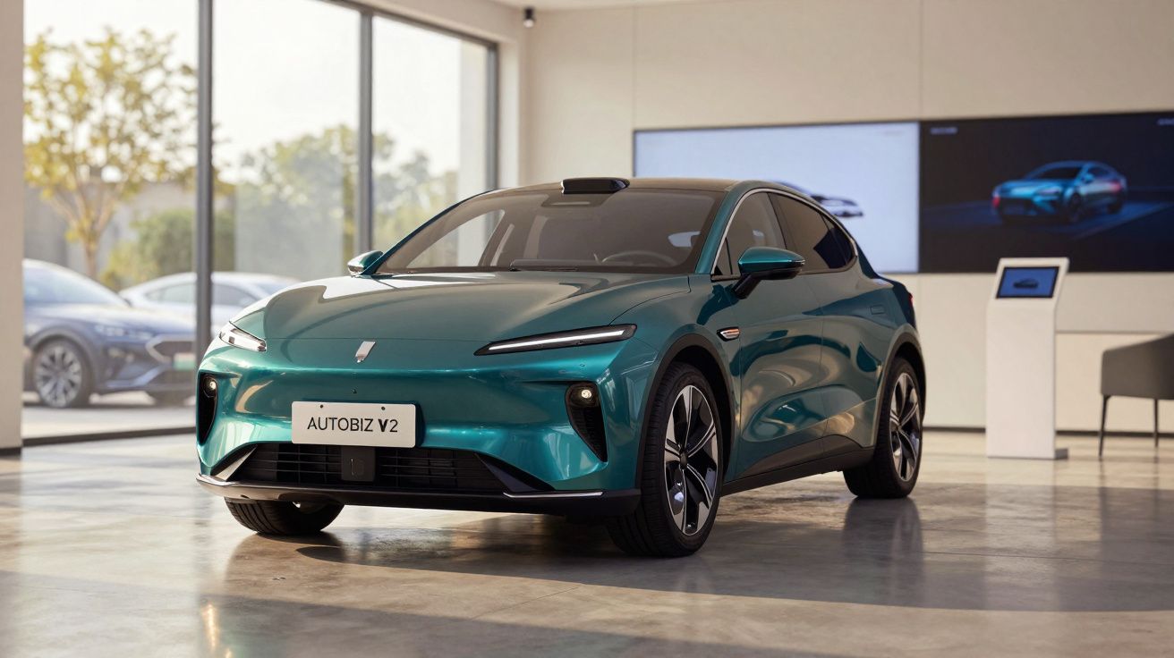 Carro elétrico azul metálico Autobiz V2 em exposição numa sala com grandes janelas e chão polido.