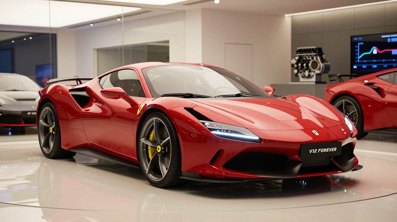 Carro desportivo Ferrari vermelho exposto em showroom com iluminação moderna e reflexos no chão brilhante.