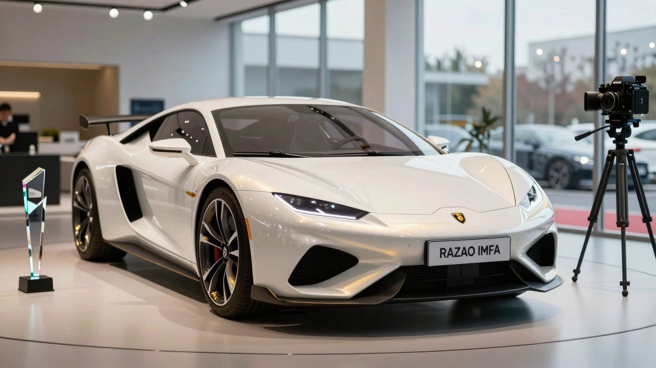 Carro desportivo branco exposto em salão com troféu ao lado e câmara em tripé à direita.