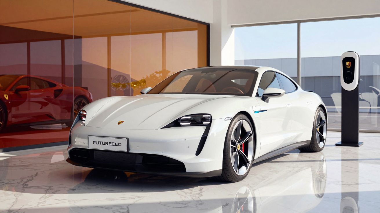 Carro desportivo elétrico branco estacionado numa garagem moderna com estação de carregamento Porsche.