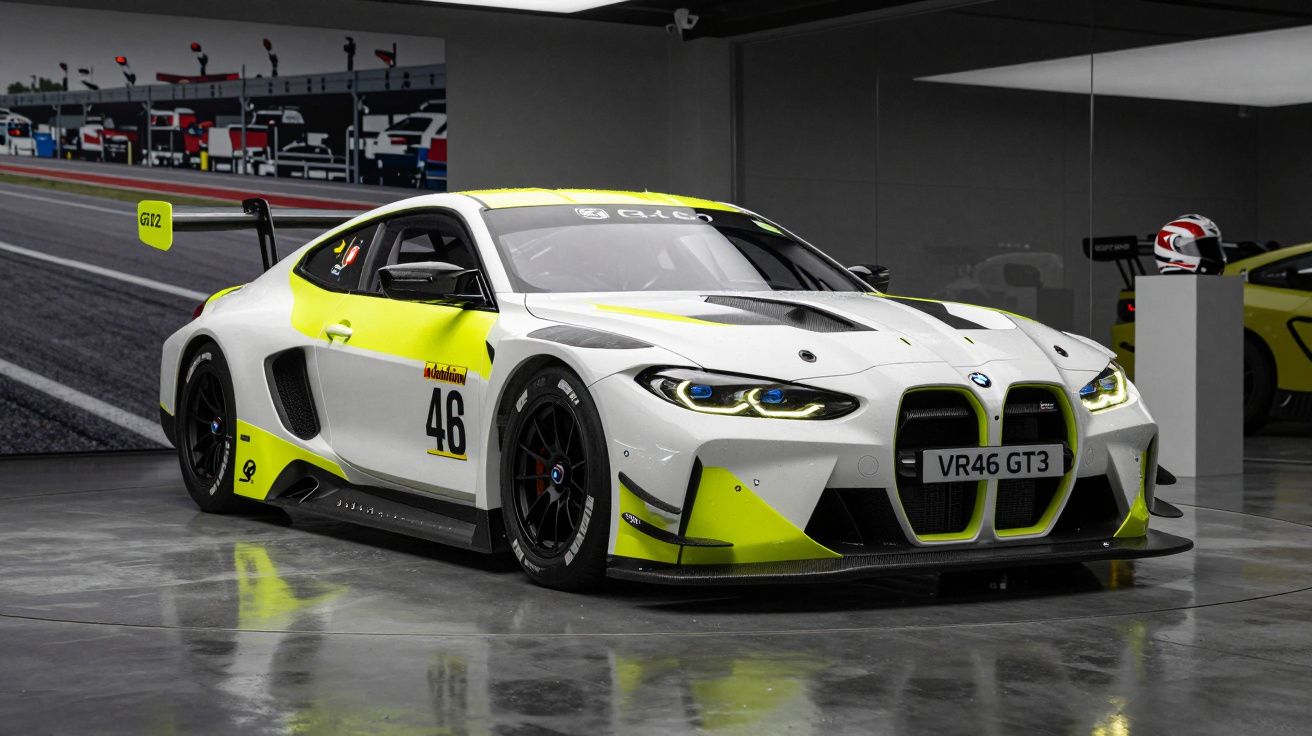 Carro de corrida BMW branco e amarelo com número 46 exposto em showroom moderno.