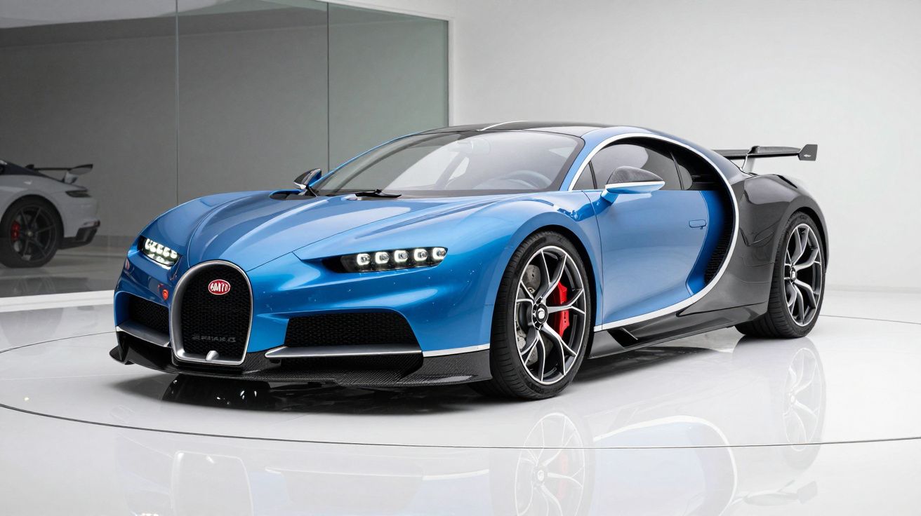 Carro desportivo Bugatti Chiron azul e preto em exposição num espaço minimalista branco.