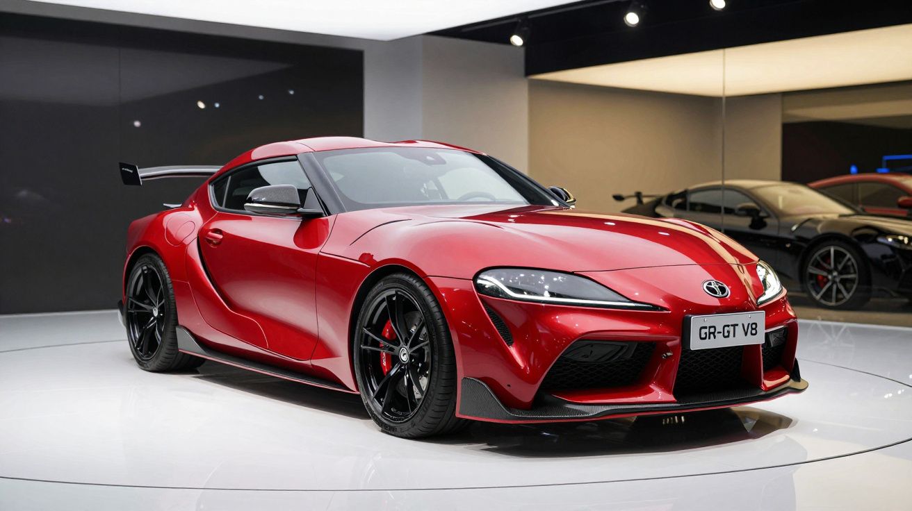 Carro desportivo Toyota GR-GT V8 vermelho exposto num salão automóvel com fundo escuro e reflexos no chão branco.