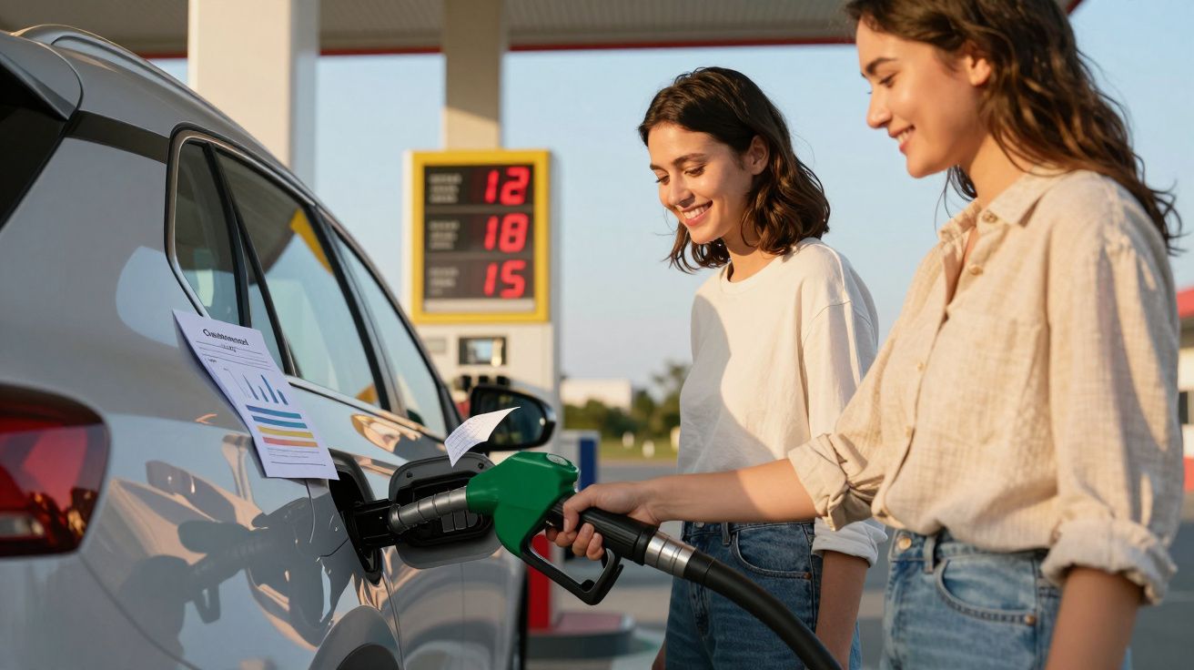 Duas mulheres abastecem um carro num posto de combustível ao final da tarde.