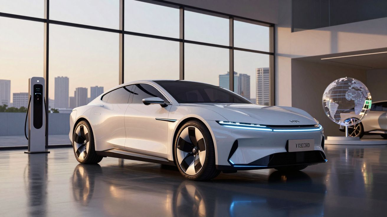 Carro elétrico moderno branco estacionado numa sala com grandes janelas e estação de carregamento.