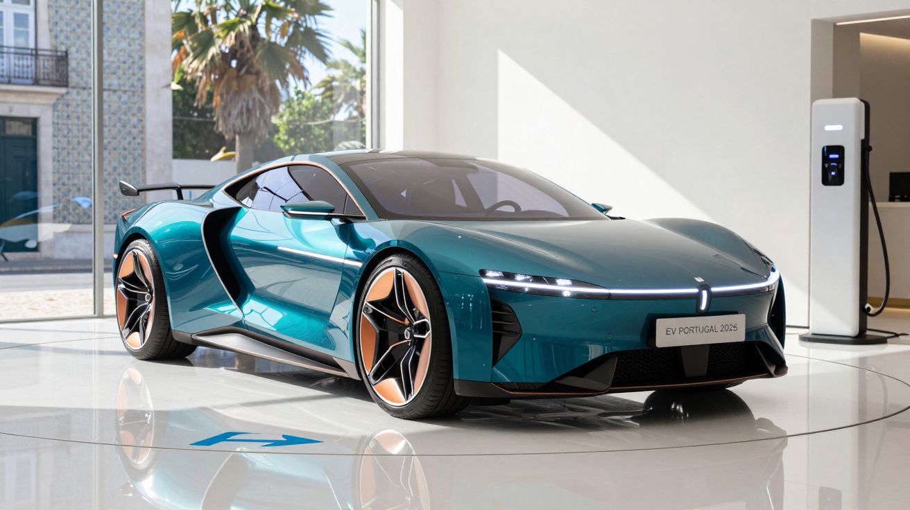 Desportivo elétrico azul metálico estacionado em stand moderno junto a posto de carregamento.