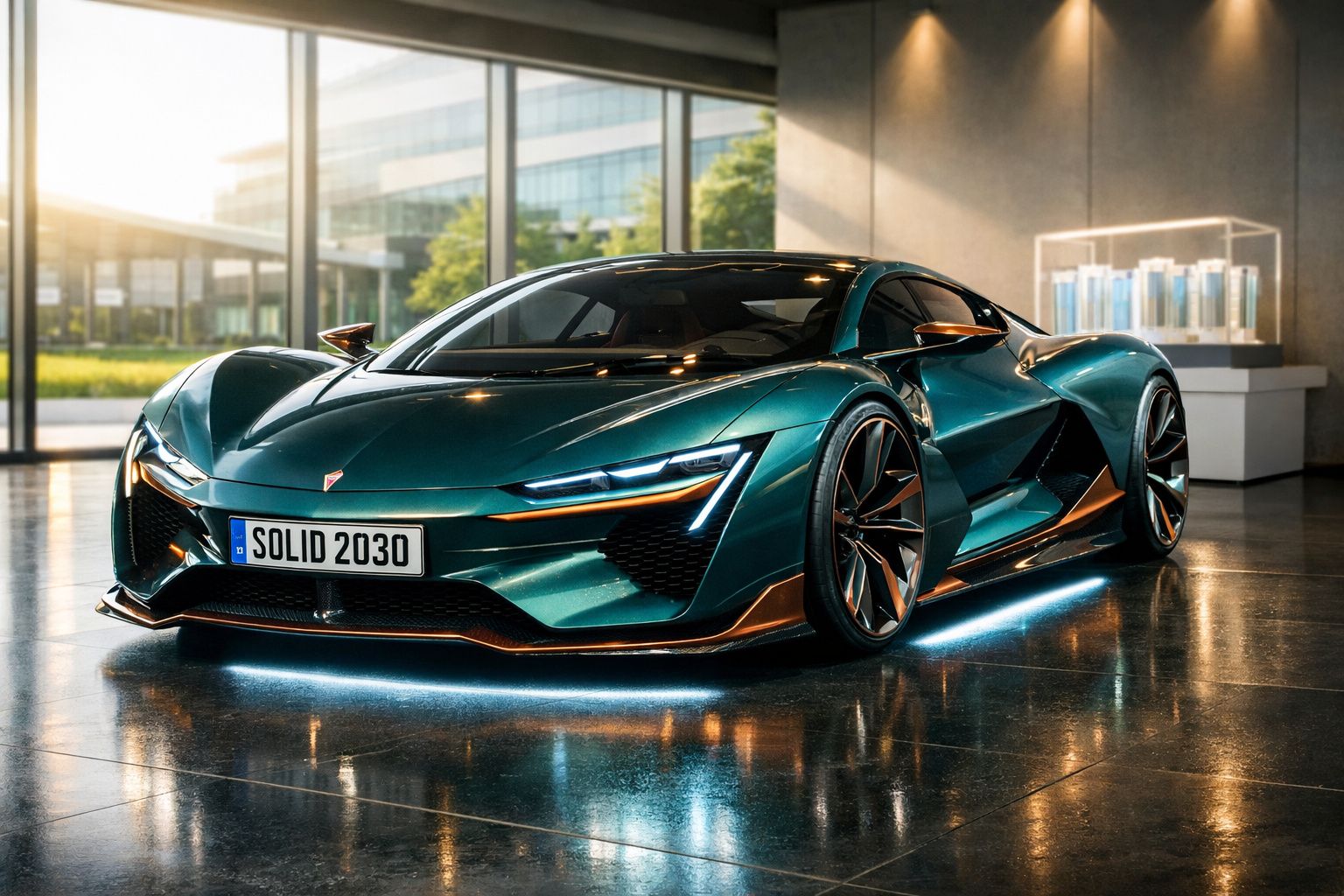 Carro desportivo futurista azul metálico com luzes LED e design aerodinâmico em ambiente interior moderno.