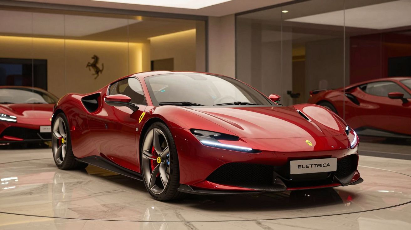 Automóvel esportivo Ferrari vermelho modelo Elettrica exposto em showroom moderno com piso de mármore.