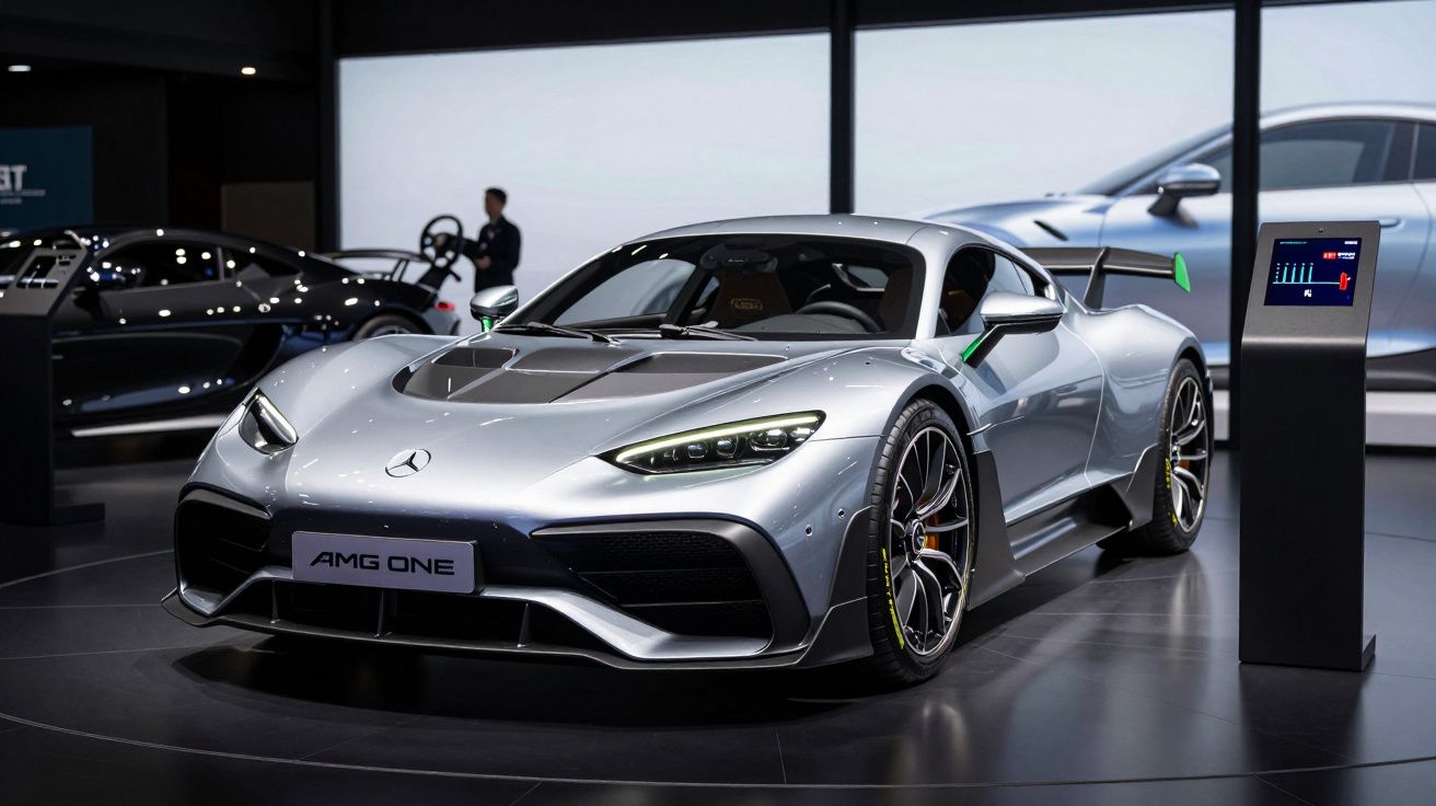 Carro desportivo Mercedes AMG One prateado em exposição numa feira automóvel, com ecrã digital ao lado.