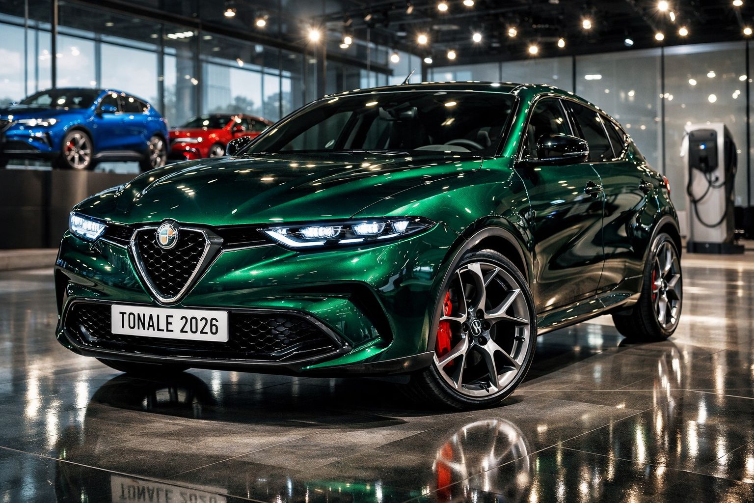 Carro Alfa Romeo Tonale 2026 verde, estacionado em showroom moderno com piso refletor e iluminação intensa.