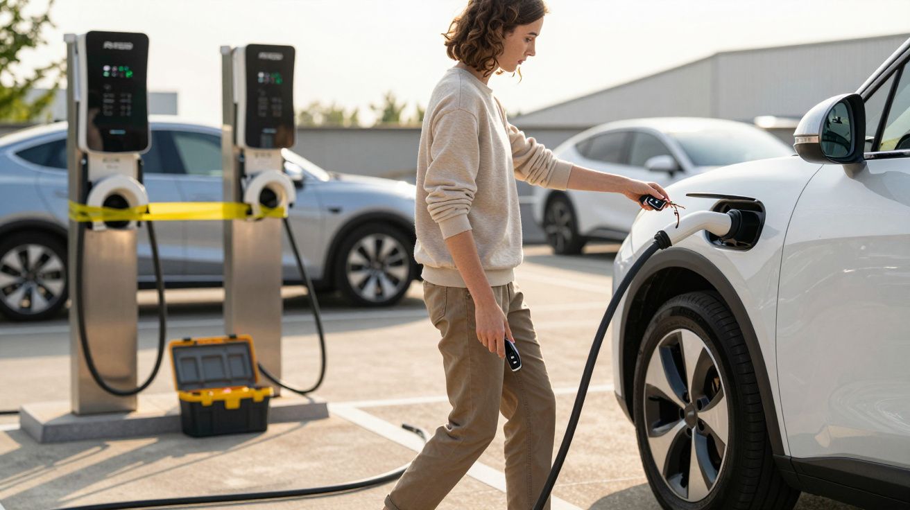 Pessoa a carregar um carro elétrico numa estação de carregamento exterior com vários veículos estacionados.