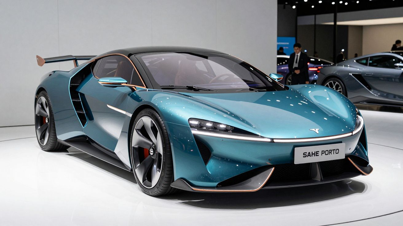 Carro desportivo eléctrico de cor azul-turquesa exposto em salão automóvel com design aerodinâmico e linhas modernas.