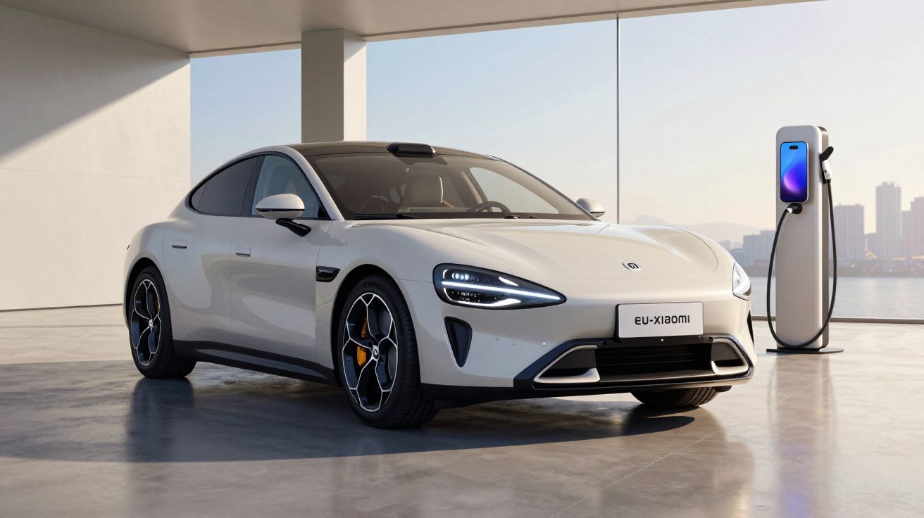 Carro elétrico branco estacionado em parque coberto junto a posto de carregamento moderno com cidade ao fundo.