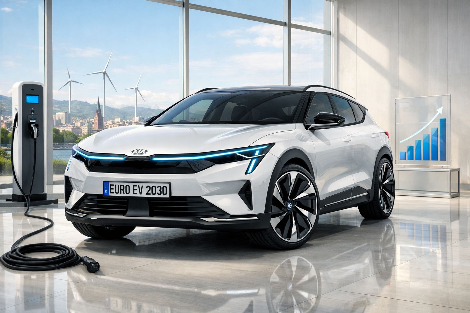 Carro elétrico branco moderno a carregar numa estação, com turbinas eólica ao fundo e gráfico de crescimento.