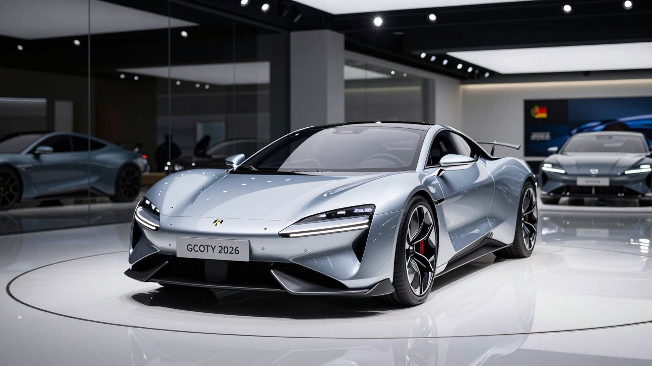 Carro desportivo eléctrico prateado em exposição num salão moderno com iluminação branca.