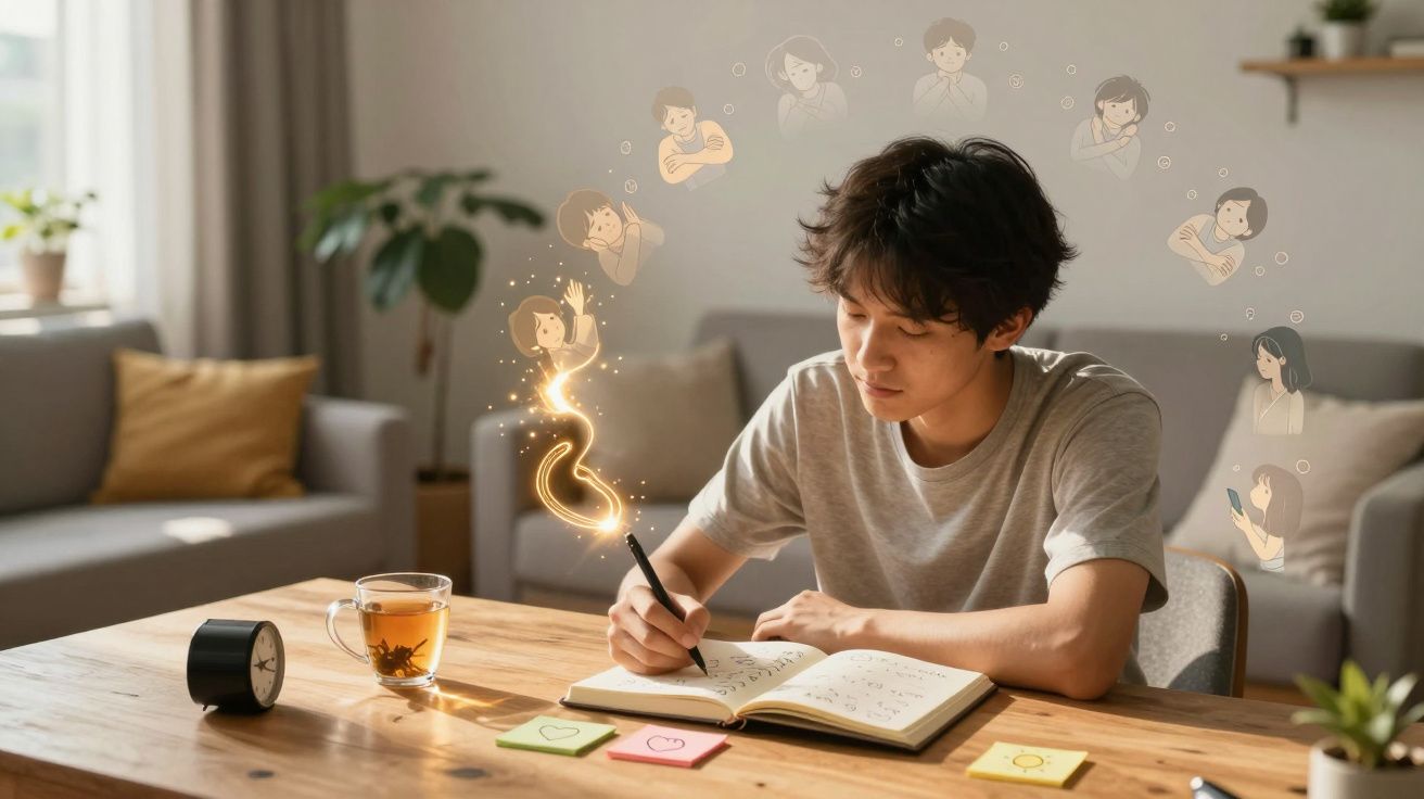 Jovem sentado a escrever num caderno com desenhos animados representando emoções a surgir do seu lápis.