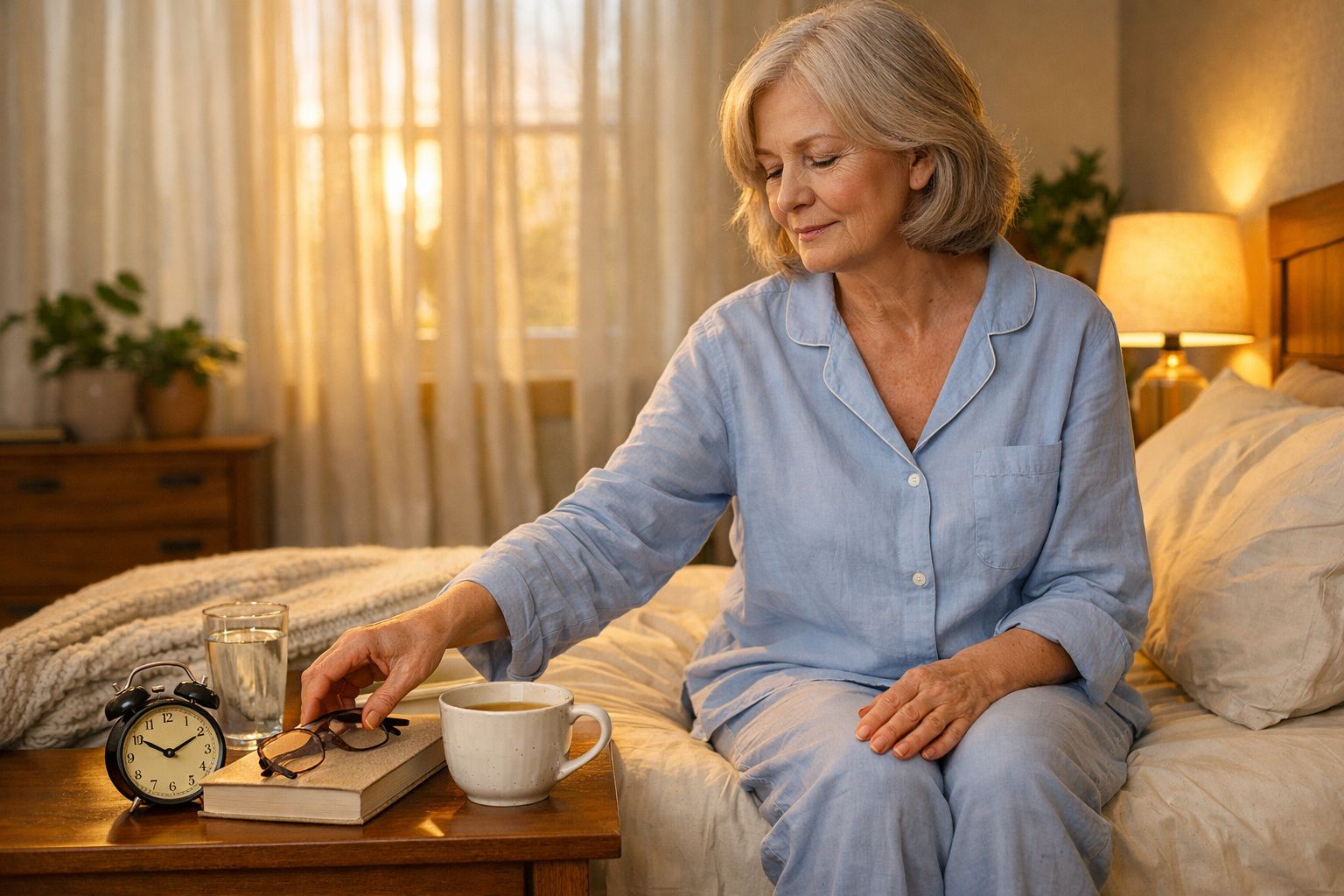 Mulher sorridente de pijama azul a sentar-se na cama e a pegar uns óculos numa mesa de cabeceira.