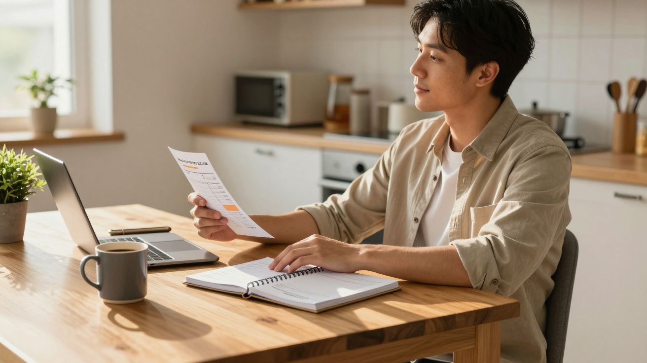 Homem sentado à mesa na cozinha, a analisar documentos com portátil aberto e chávena de café.