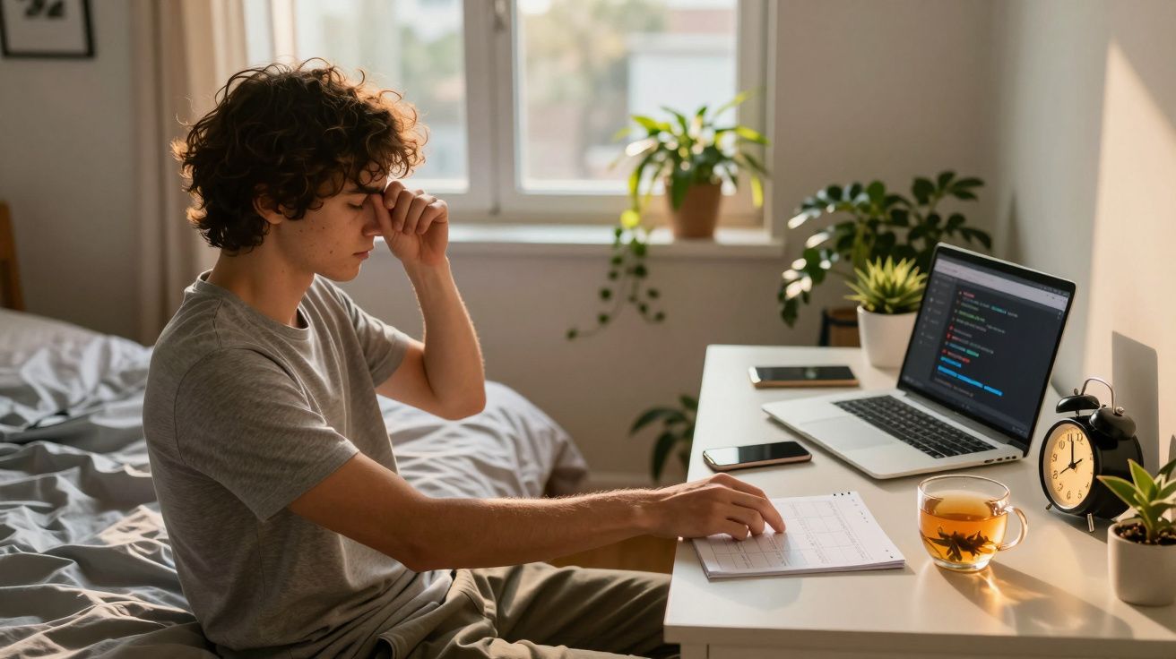 Jovem sentado à secretária com portátil e chá, com expressão de cansaço e a massajar o rosto.