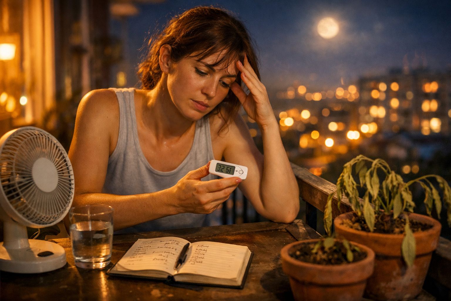 Mulher cansada num terraço à noite, olhando para termómetro digital, ventilador ligado e plantas secas na mesa.