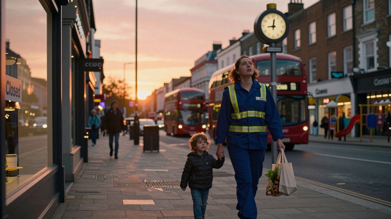 Mulher de uniforme com colete refletor segura mão de criança na calçada ao pôr do sol, com autocarros vermelhos ao fundo.