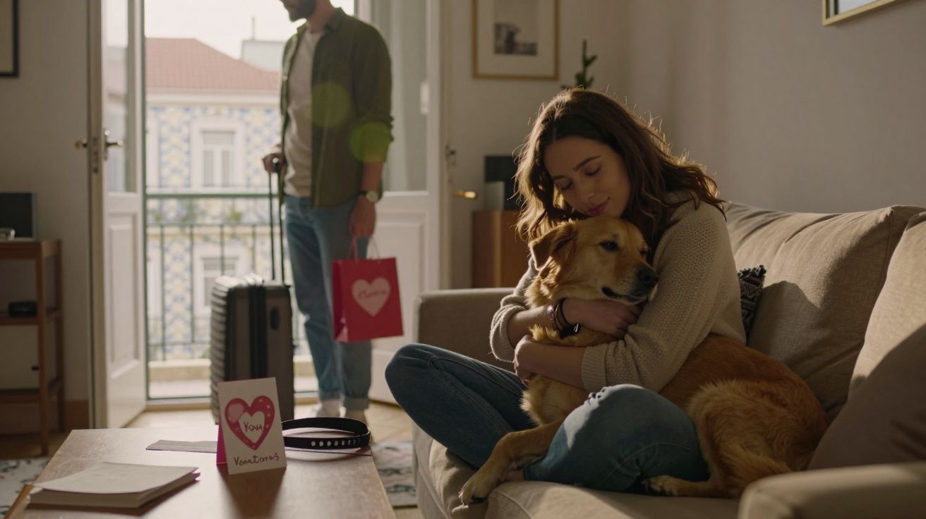 Mulher sentada no sofá a abraçar um cão, homem de pé com mala e sacola numa sala iluminada.