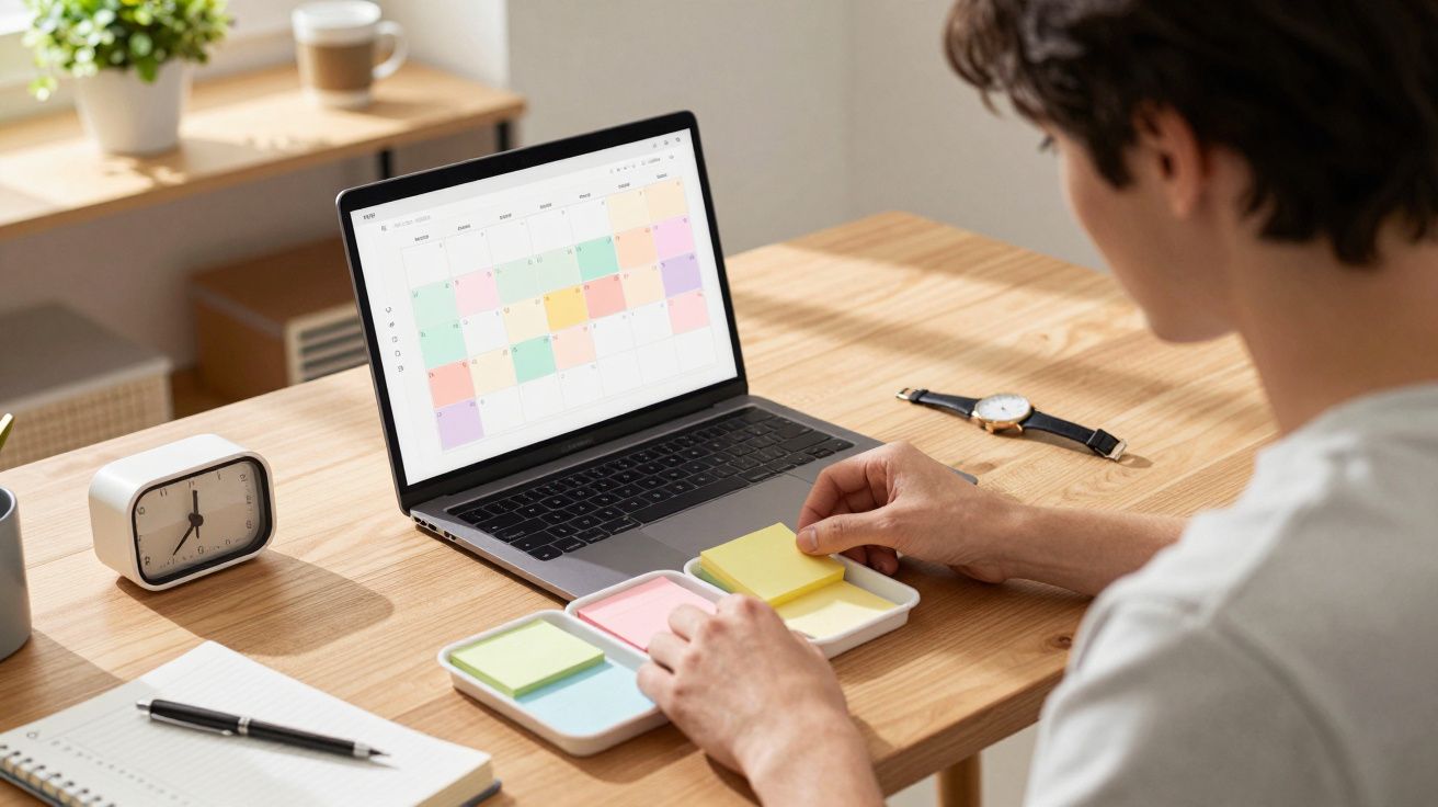 Pessoa a organizar notas adesivas junto a computador portátil com calendário numa secretária de madeira.