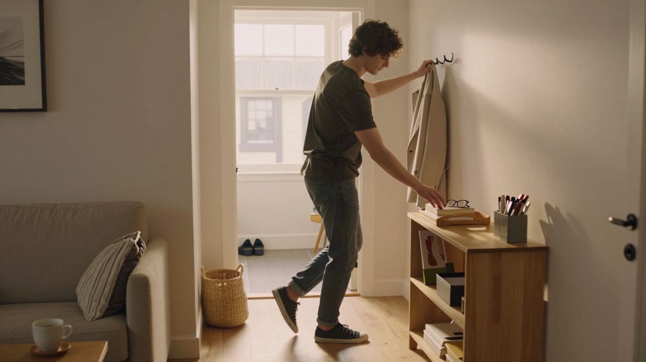 Homem jovem a apanhar casaco num cabide numa entrada iluminada de casa moderna.