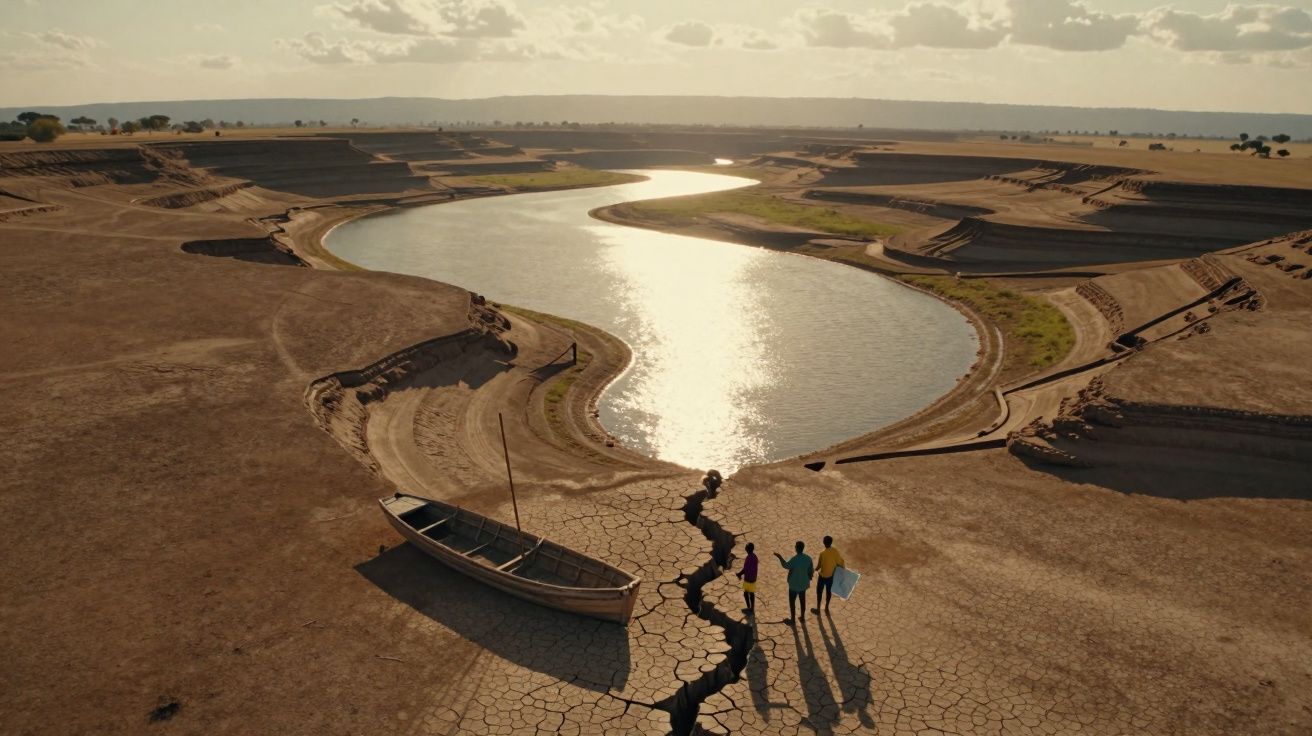 Rio com pouca água num leito seco e rachado, com um barco e três pessoas na margem.