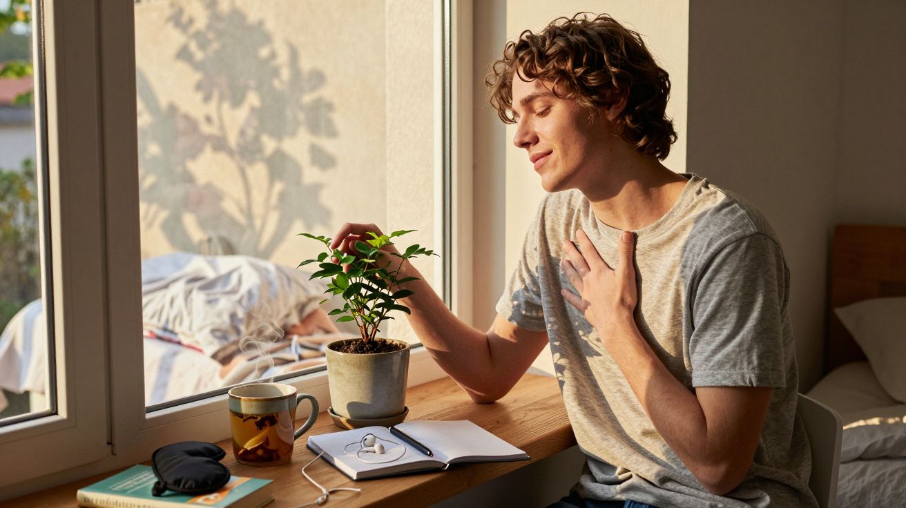 Jovem sentado junto a janela, a tocar numa planta, rodeado por caderno, caneta, copo e fones.