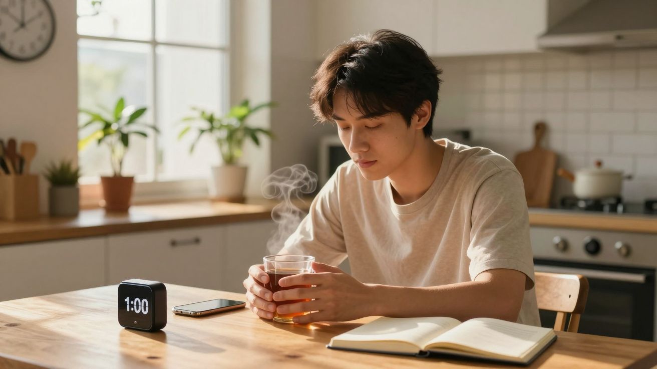Homem jovem sentado à mesa da cozinha a segurar chá quente com livro aberto e relógio digital no tempo de 1:00.