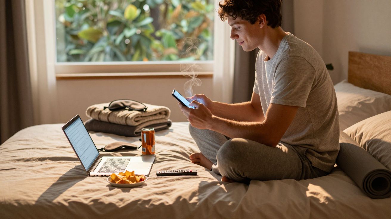 Homem sentado na cama a usar telemóvel, com computador portátil, snacks e bebida numa mesa improvisada.