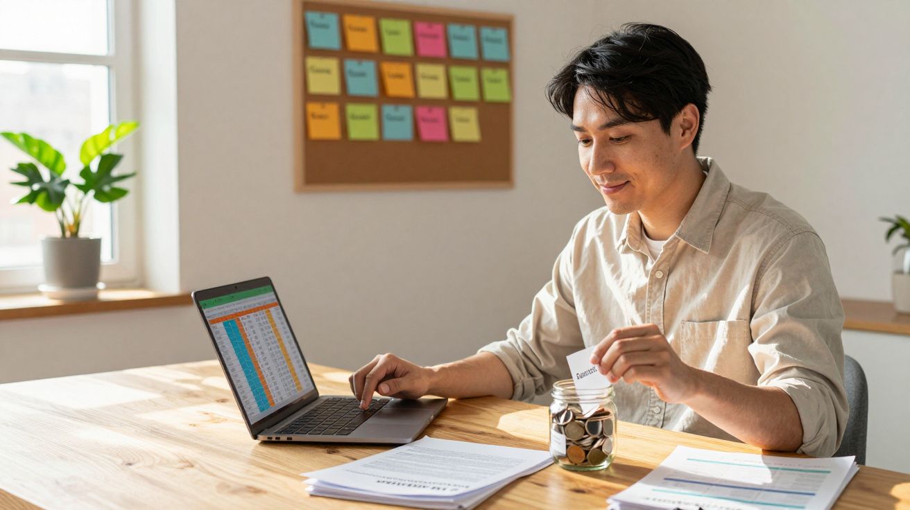 Homem sentado a trabalhar com laptop, a colocar moedas num frasco, numa mesa com documentos e plantas.