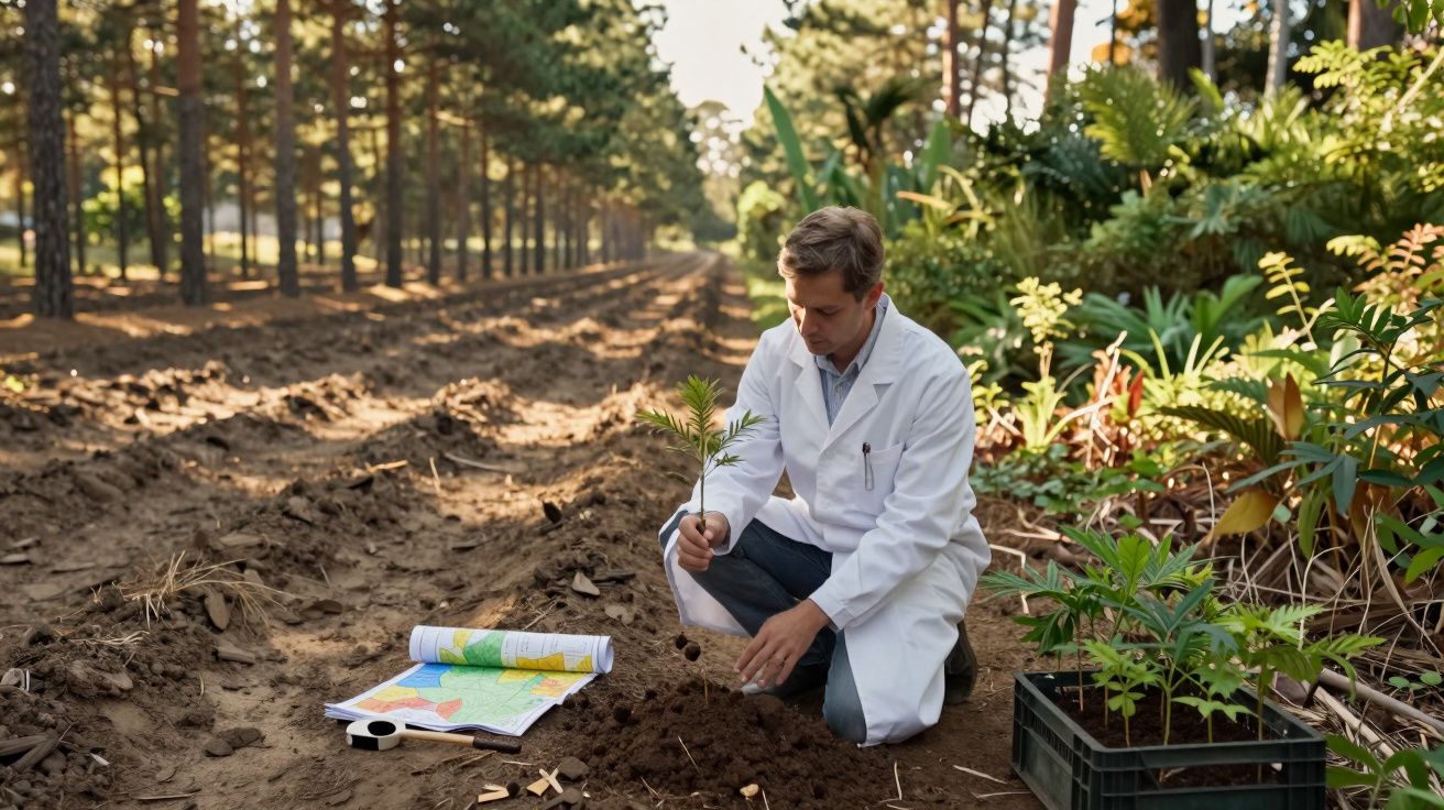 Homem de bata branca planta muda numa área rural, rodeado de mapas e plantas.