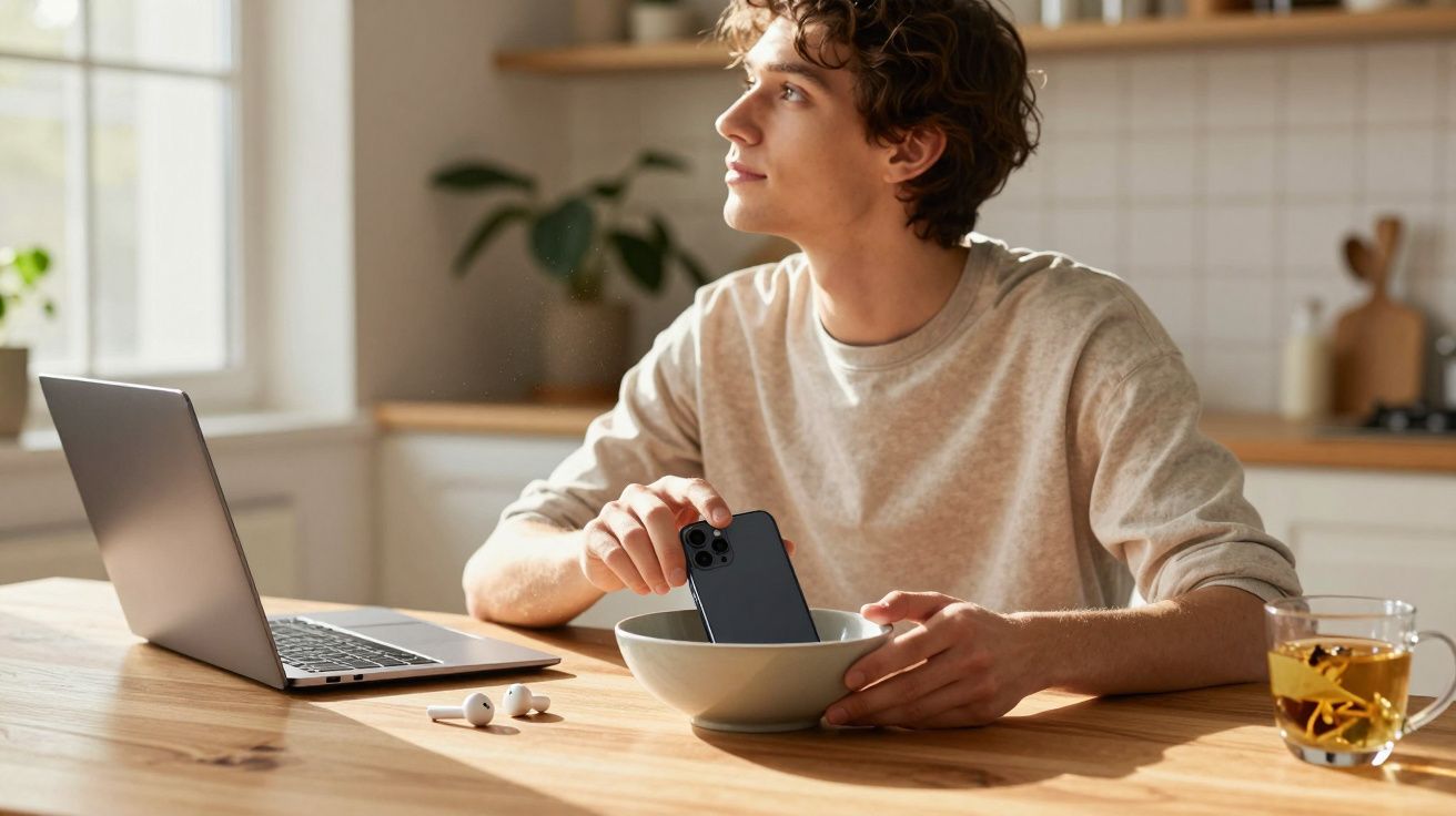 Homem jovem a colocar um telefone numa tigela sentado numa mesa com portátil aberto e chá.