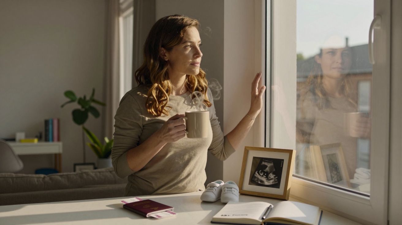 Mulher grávida a segurar uma caneca e a olhar pela janela numa sala iluminada pela manhã.