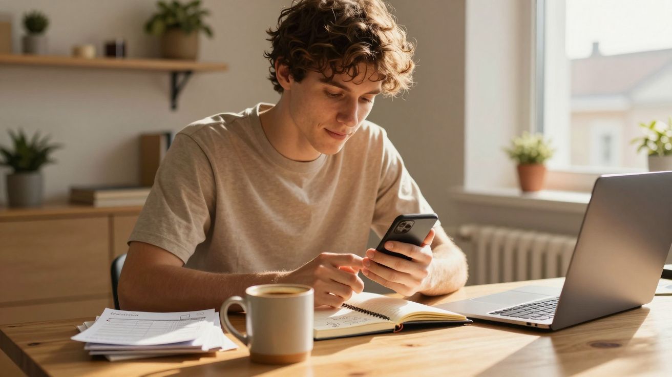 Jovem sentado à mesa a estudar com telemóvel, caderno, laptop e chá numa caneca num ambiente iluminado.