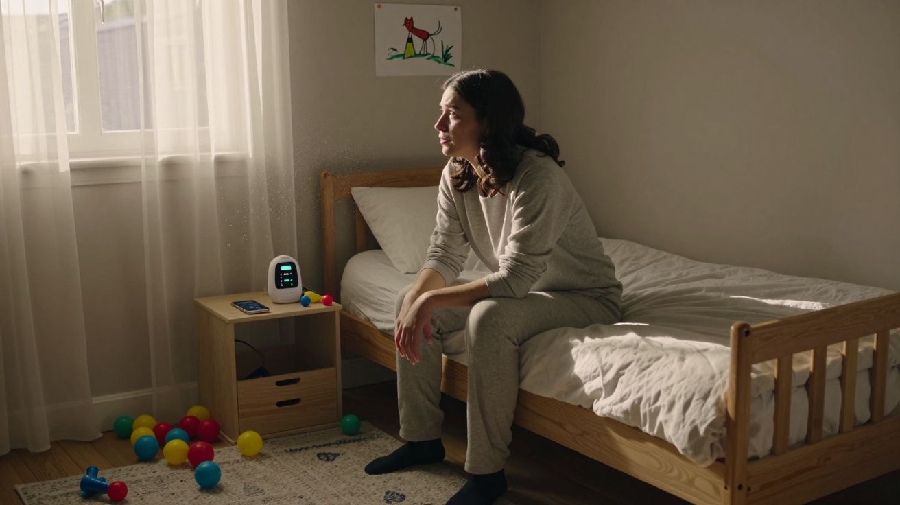 Mulher sentada na cama de quarto infantil com brinquedos coloridos espalhados pelo chão, olhando pela janela.