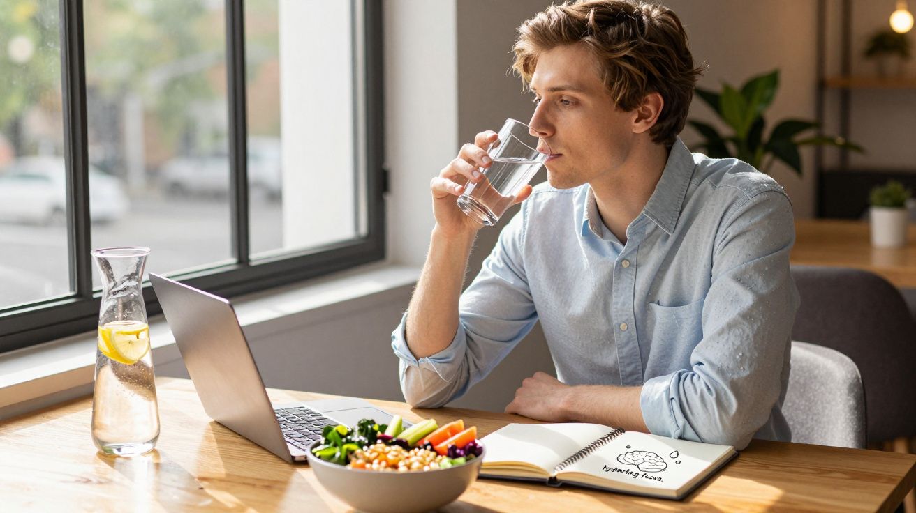 Homem sentado numa mesa a beber água, com salada, caderno e computador portátil à sua frente.